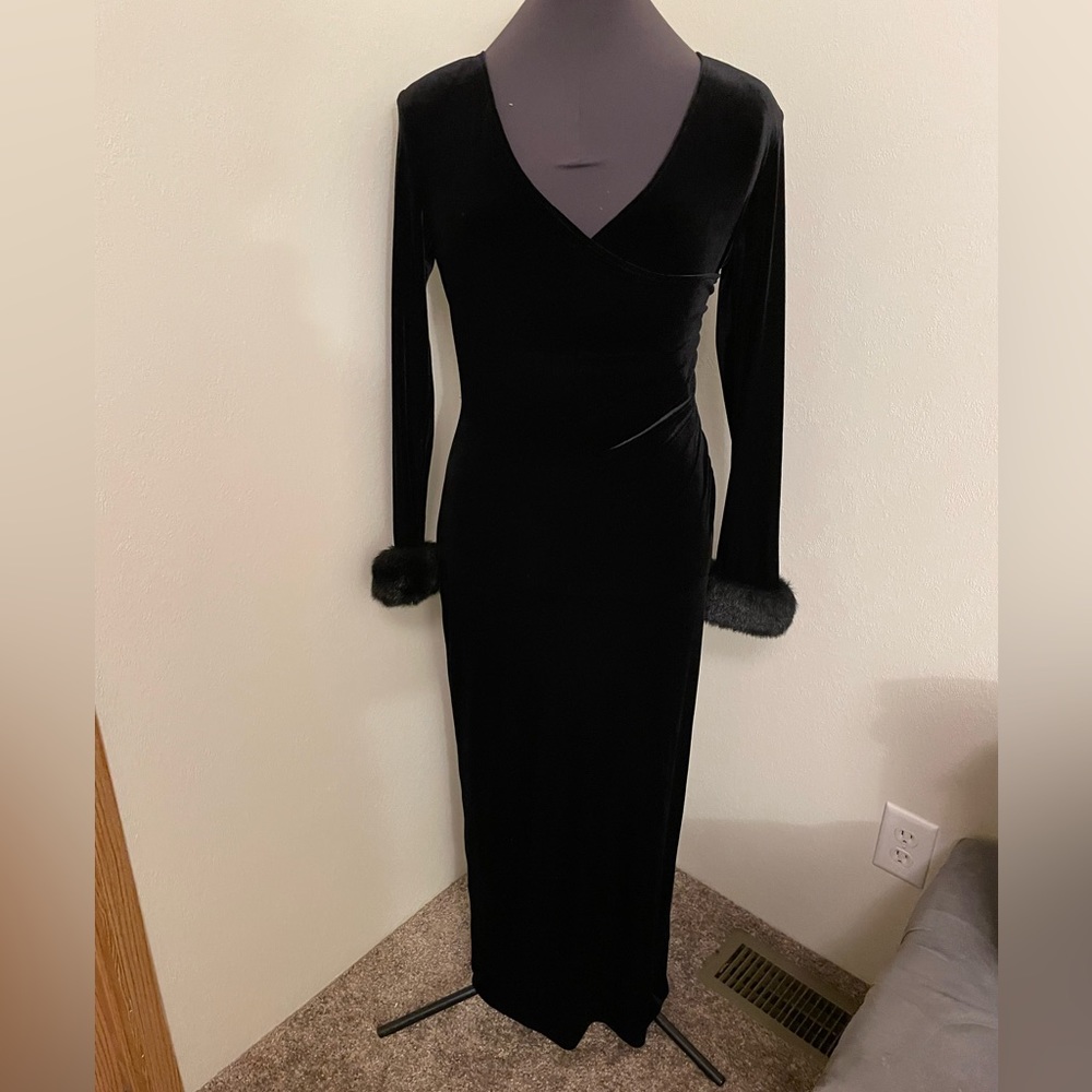 Velvet Ruched Side Slit Dress with Faux Fur Cuffs